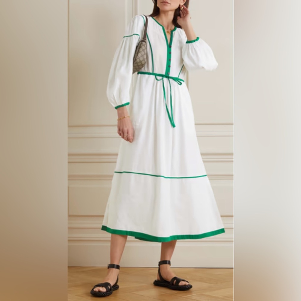 White and Green Tiered Midi Sundress with Bishop Sleeves